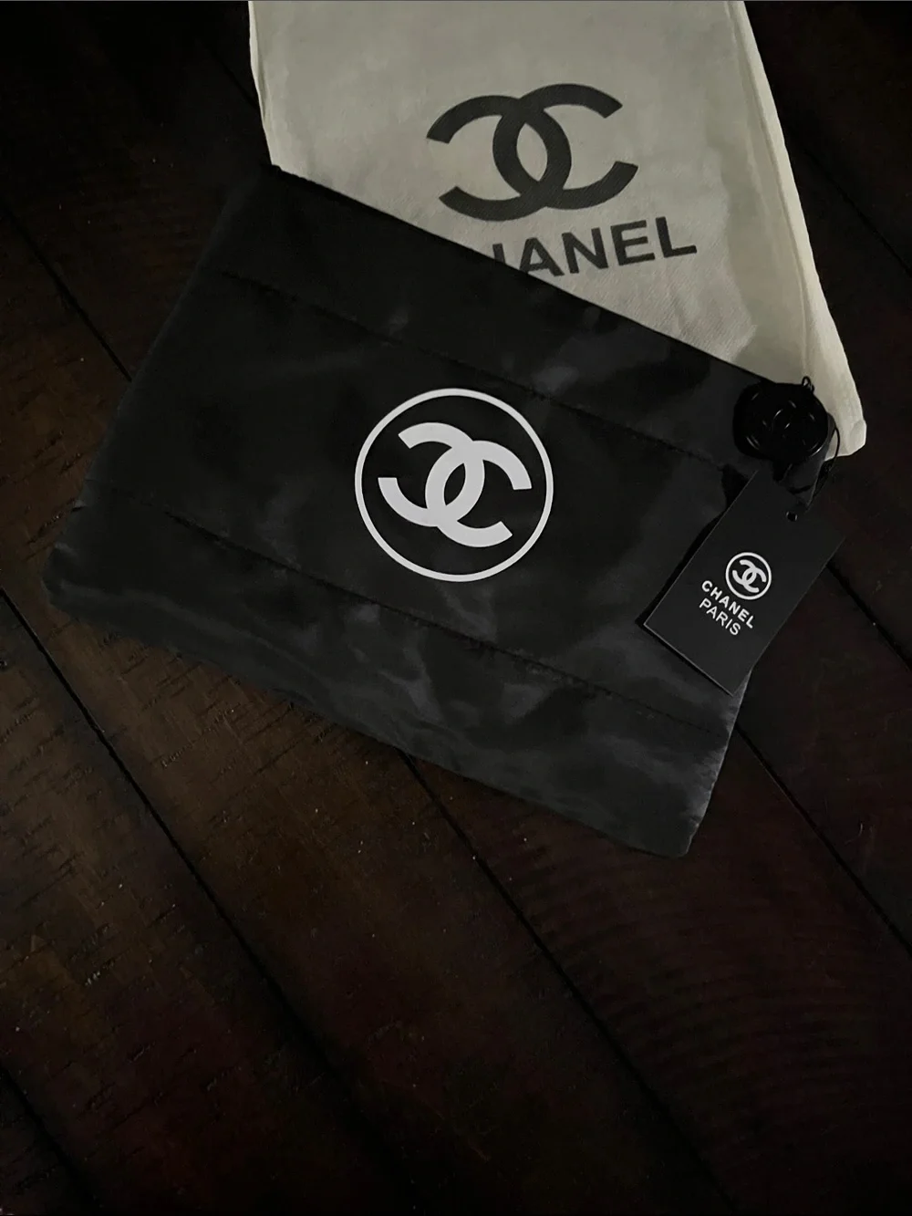 CHANEL Black makeup bag with White CC Logo